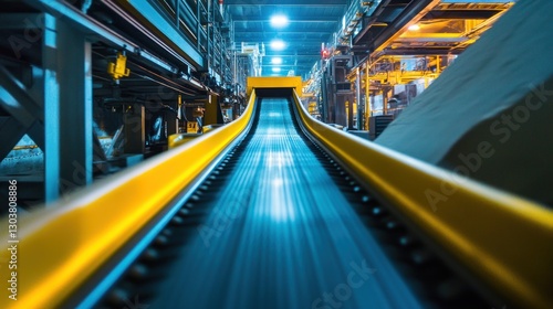 Factory conveyor belt transporting material, industrial production