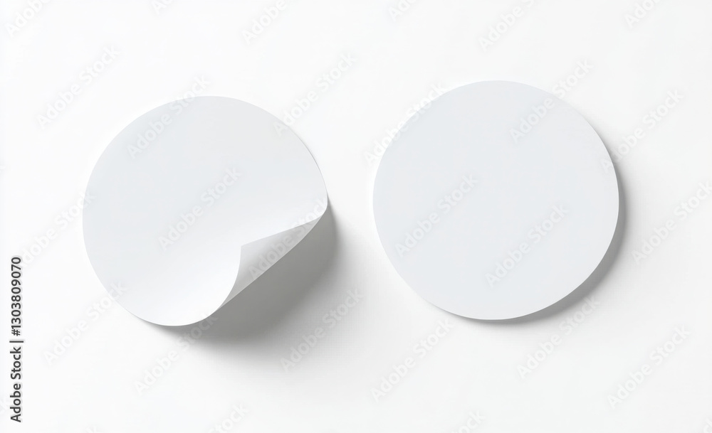 Blank white round adhesive stickers mock up with curved corner, 3d rendering. Empty circle sticky label mockup with curl. Clear adherent tag template for glass door or wall. Blank white round adhesive stickers mock up with curved corner, 3d rendering. Empty circle sticky label mockup with curl. Clear adherent tag template for glass door or wall.