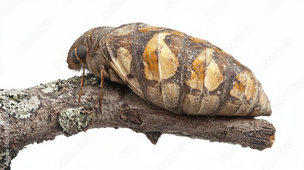 Fototapeta premium Cicada pupa resting on branch, white background, insect metamorphosis, nature study