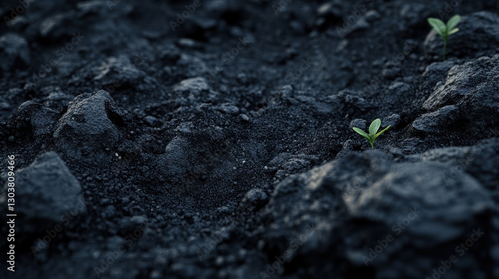 Two seedlings emerge from dark soil, rocky ground, sunset background; agriculture Two seedlings emerge from dark soil, rocky ground, sunset background; agriculture