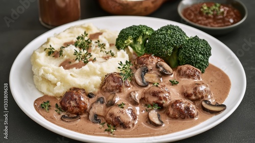 Savory meatballs with creamy mushroom sauce home kitchen food dish cozy environment close-up view comfort concept