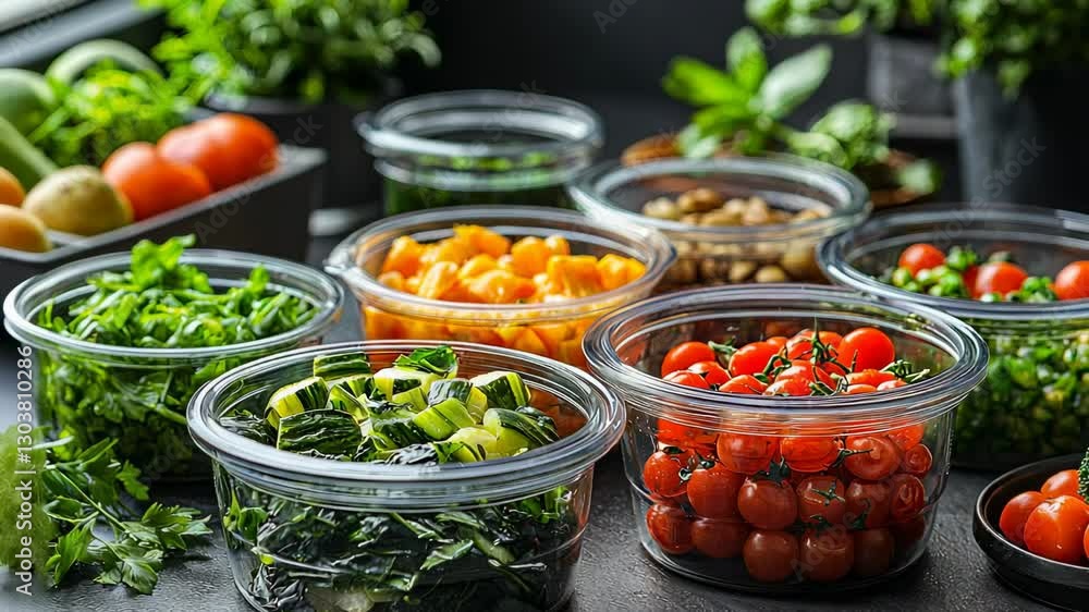 Colorful fresh produce in clear containers on a dark kitchen counter Colorful fresh produce in clear containers on a dark kitchen counter