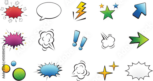 Set of comic effect shape with pop art style. Comic speech bubbles halftone dot background. Comic surprise, attention and lightning effect