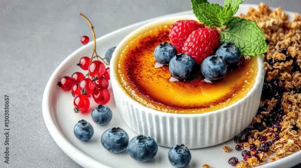 Indulge in creamy creme brulee dessert with berries gourmet kitchen food photography minimalist style close-up view Indulge in creamy creme brulee dessert with berries gourmet kitchen food photography minimalist style close-up view