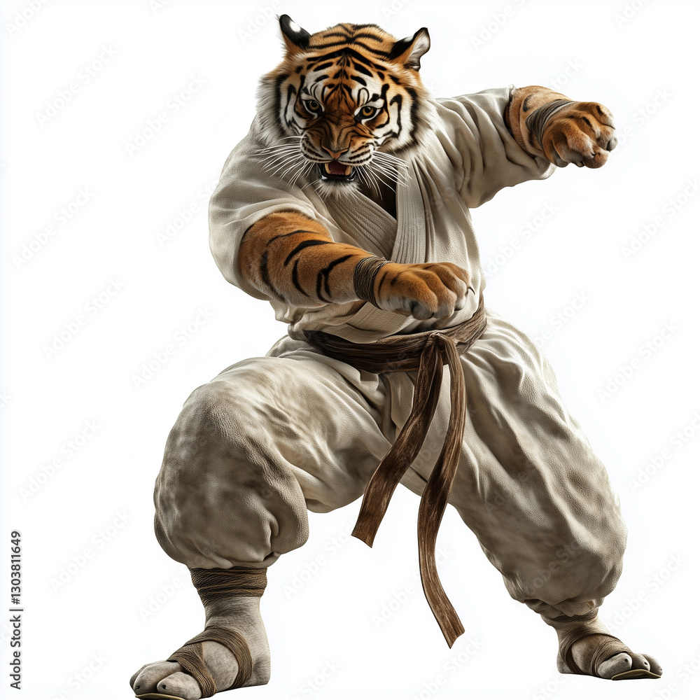 Fototapeta premium Tiger plays kung fu fighter isolated on white background Generative ai