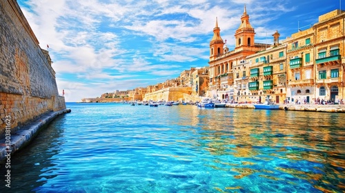 Scenic waterfront view of valletta malta architectural marvels sunlit serenity vibrant coastal landscape