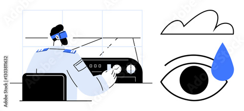 Pilot using control panel in a tower, visible cloud and eye with a drop symbolizing visualization or weather monitoring. Ideal for aviation, weather, vision, meteorology, technology, navigation