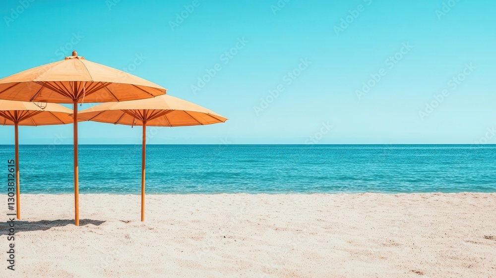 A tranquil beach scene featuring three orange umbrellas against a clear blue sky and calm ocean waves. A tranquil beach scene featuring three orange umbrellas against a clear blue sky and calm ocean waves.