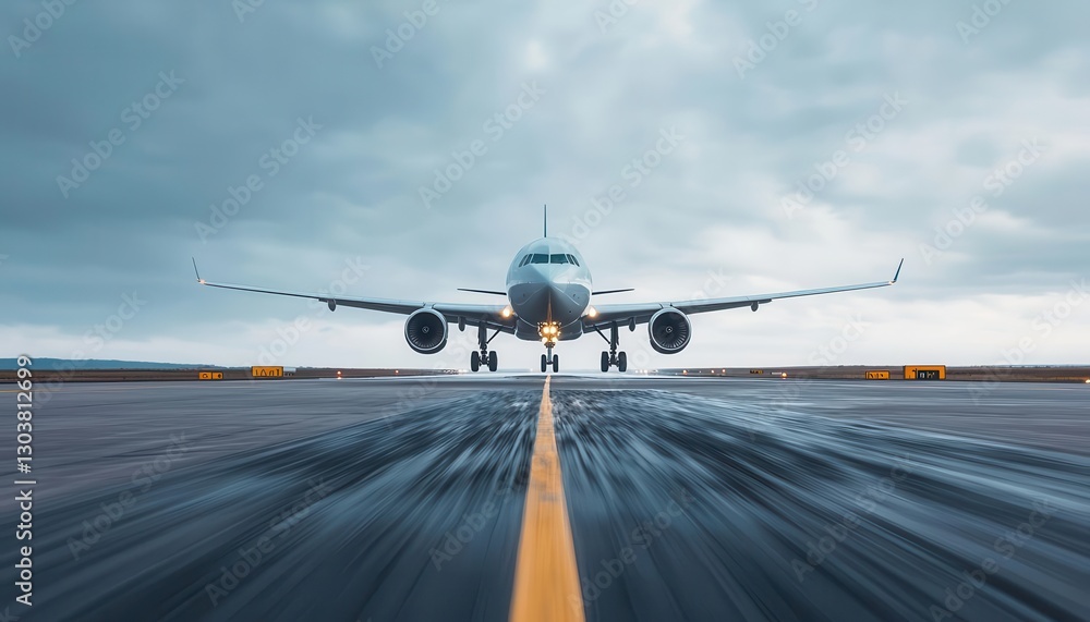Obraz premium A modern airplane prepares for takeoff on a wet runway with dramatic skies overhead, illustrating the essence of air travel.