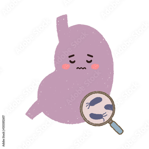 拡大鏡でみるピロリ菌と胃のキャラクター