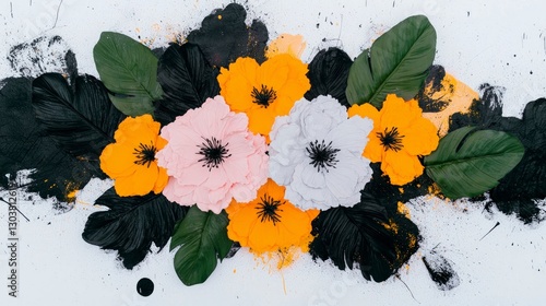 Bold Floral Arrangement  Black  Orange   Pink Flowers  Tropical Leaves  Abstract Paint