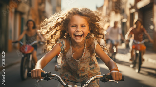 stylish city children on skateboards and bicycles in a group of friends ride along the streets of a colorful city in an incredibly positive atmosphere of happiness with the wind in their hair	
