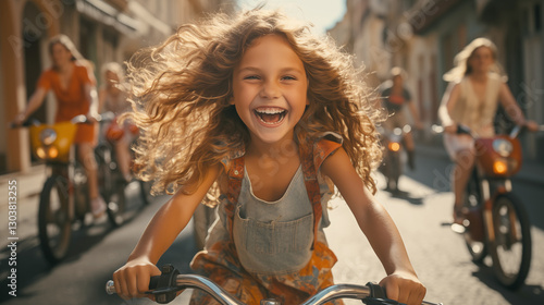 stylish city children on skateboards and bicycles in a group of friends ride along the streets of a colorful city in an incredibly positive atmosphere of happiness with the wind in their hair	
