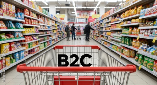 B2C concept in retail with shopping cart in busy supermarket aisle setting photo