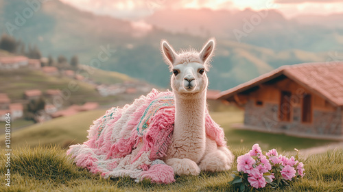 a close-up of a llama wearing a colorful traditional Peruvian blanket over its back