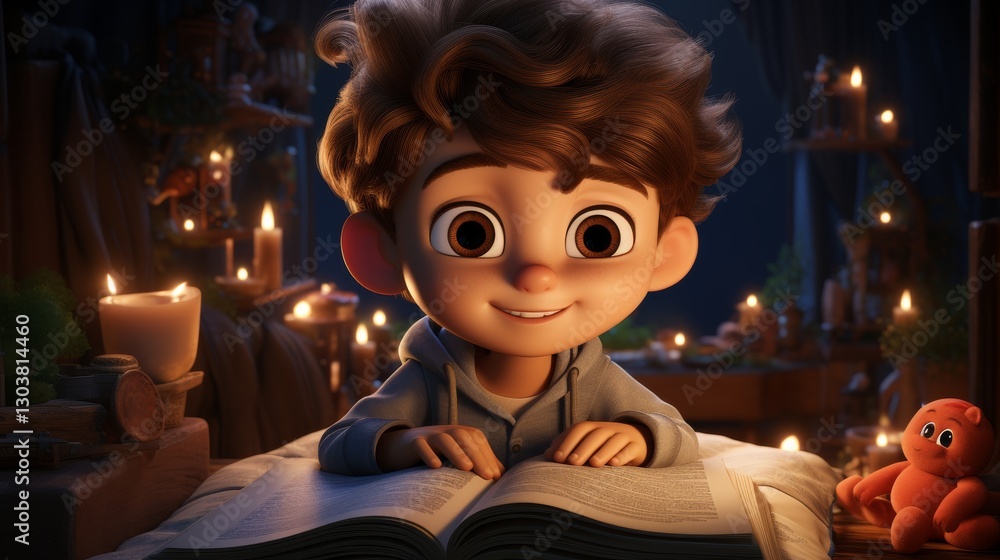 Cartoon Child Reading Book on Bed Surrounded by Candles at Night Cartoon Child Reading Book on Bed Surrounded by Candles at Night