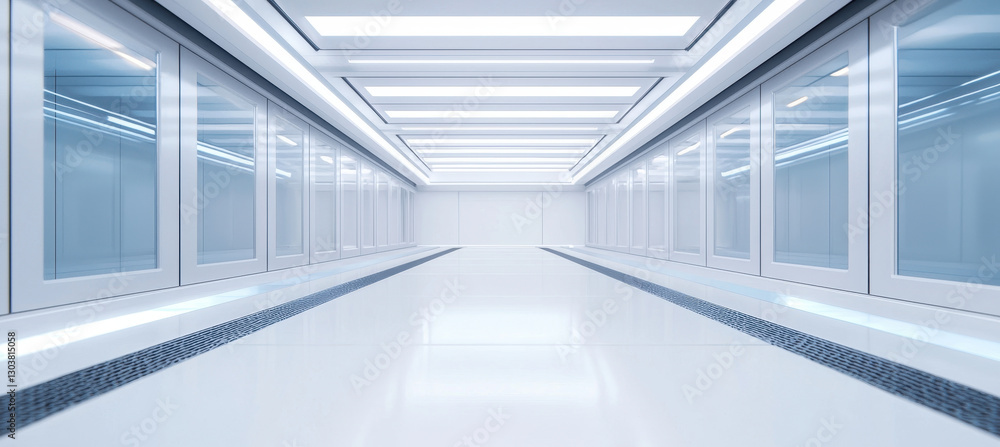 Fototapeta premium modern high tech factory interior featuring sleek white walls, bright lighting, and glass panels, showcasing innovative design and advanced materials