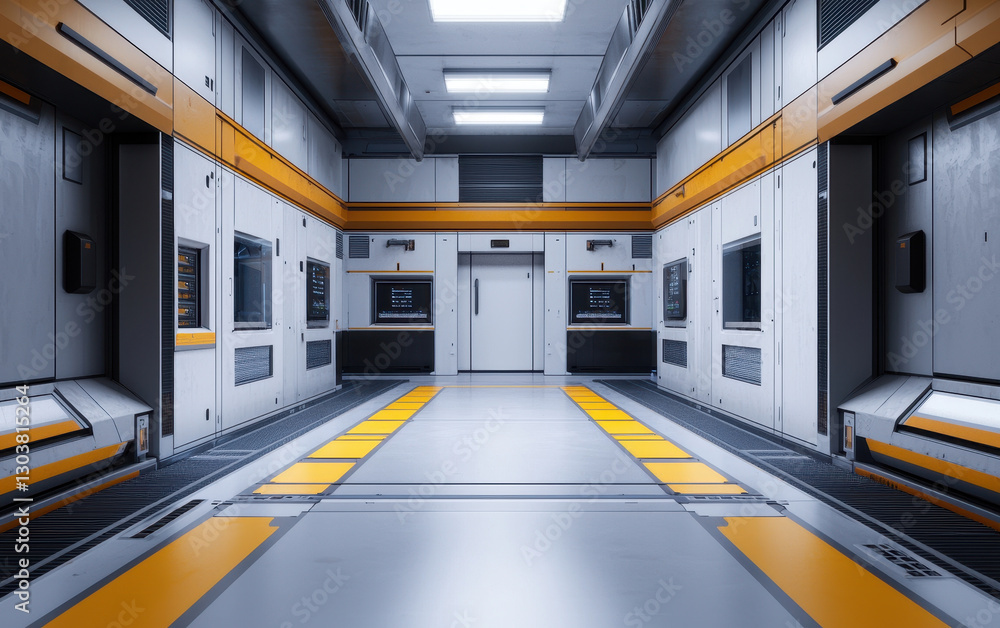 Obraz premium modern industrial workspace featuring sleek design, bright lighting, and advanced technology. space is organized with clean layout, showcasing futuristic aesthetic