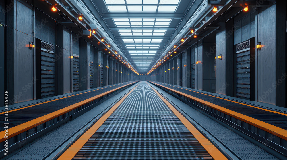 Obraz premium Large scale factory environment with production lines and industrial design. spacious interior features bright lighting and modern aesthetic, creating efficient workspace