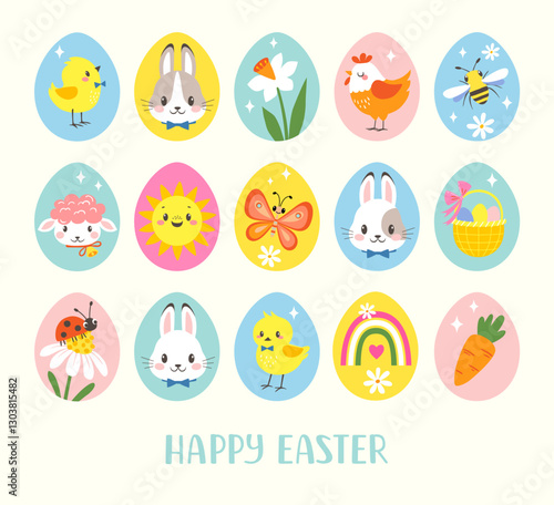 Vector set of cute Easter characters in colorful eggs shapes. Bright Easter clip art for stickers, greeting card, packaging.