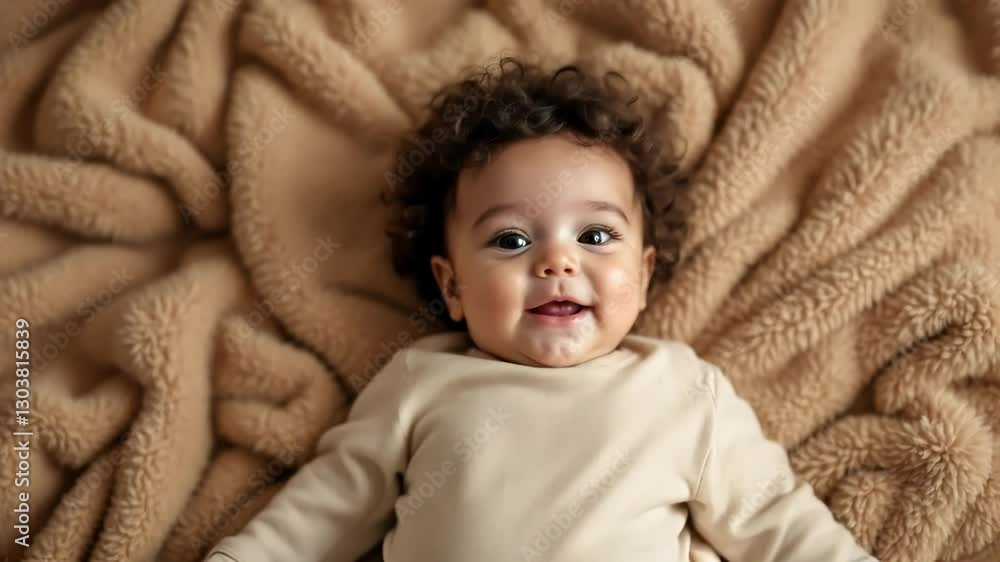 A sweet, laughing baby lies on a plush, beige blanket. A sweet, laughing baby lies on a plush, beige blanket.
