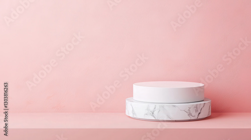 Minimalist display with smooth marble platform and gentle curves, perfect for showcasing products in stylish setting