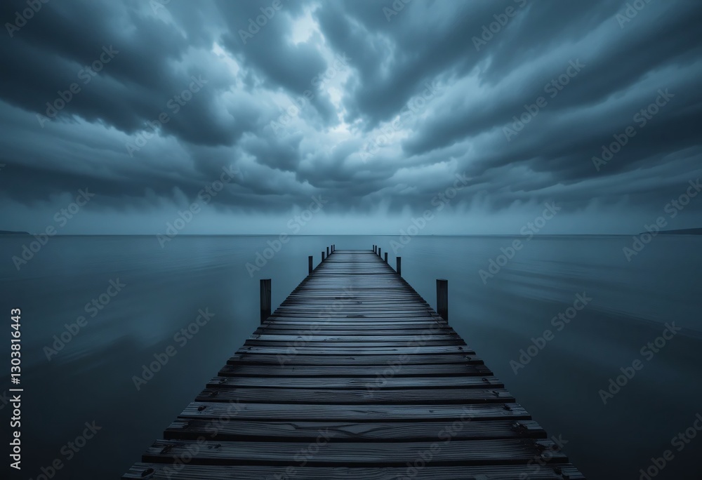 Fototapeta premium Tranquil Lake Pier. Peaceful Waters Reflecting The Moody Sky. A Wooden Path To Stillness. Dramatic Clouds Hover Above. Serene Water And Distant Horizon Await.