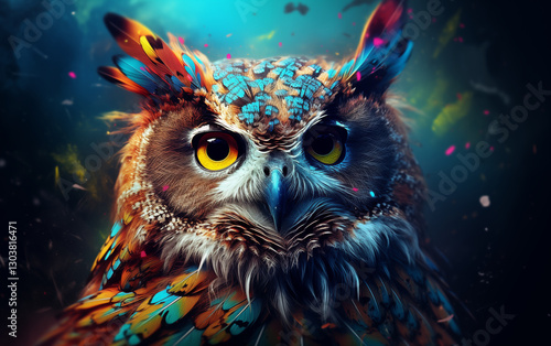 Abstract animal Owl portrait with colorful double exposure paint with Generative AI