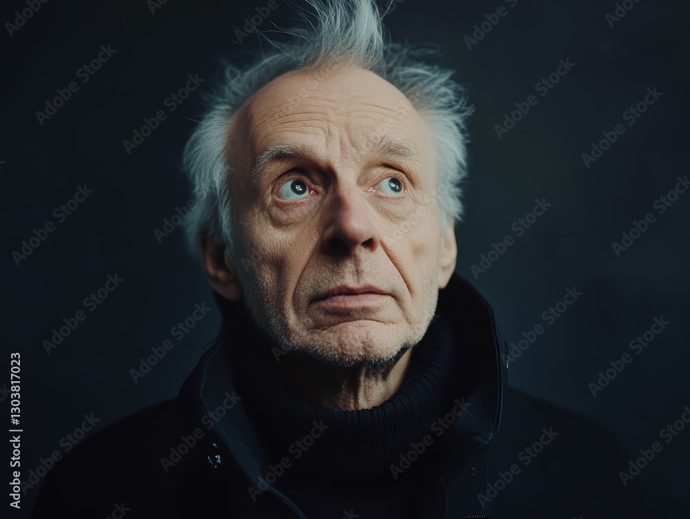 A older man looks up and to camera right. He is curious and happy. studio lighting A older man looks up and to camera right. He is curious and happy. studio lighting