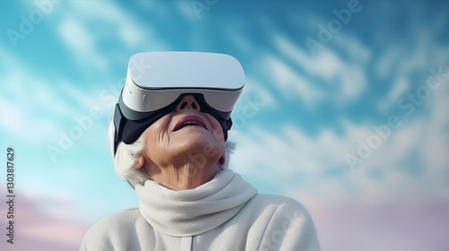 An elderly woman in a virtual reality mask realizes her childhood dreams and sees pictures of space.