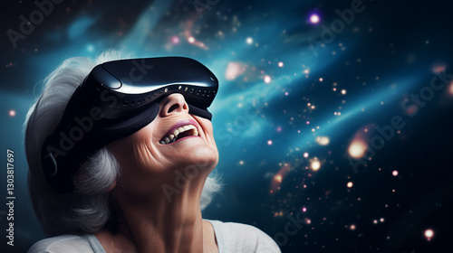 An elderly woman in a virtual reality mask realizes her childhood dreams and sees pictures of space.