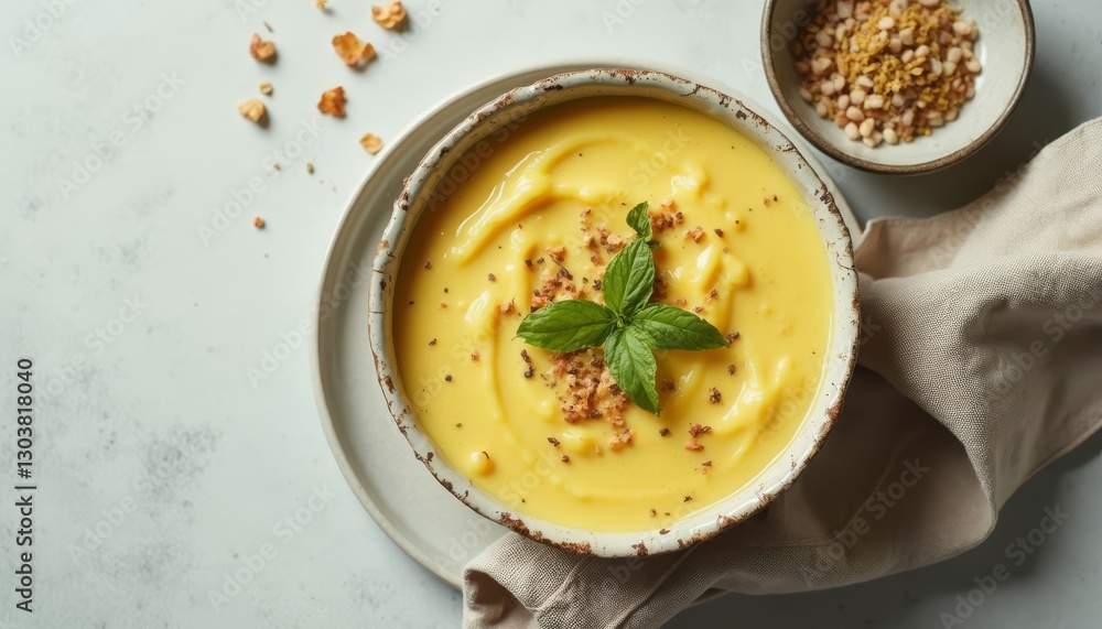 Creamy Butternut Squash Soup Garnished with Fresh Mint and Toppings Creamy Butternut Squash Soup Garnished with Fresh Mint and Toppings