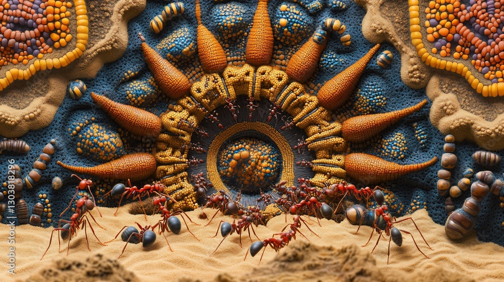 custom made wallpaper toronto digitalAnts on a colorful, textured, sun-like structure in a desert landscape