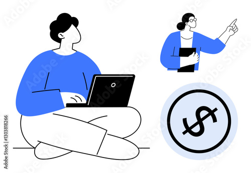 Man sitting cross-legged typing on a laptop, woman pointing while holding a folder, large dollar sign. Ideal for finance, teamwork, collaboration, business strategy, education, innovation