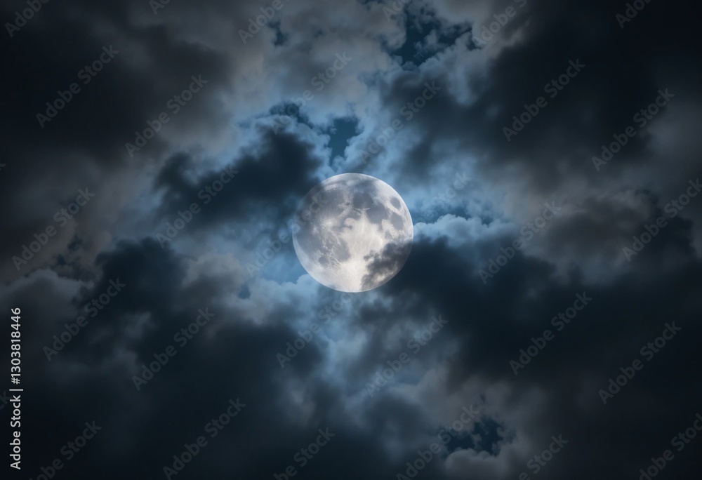 Ethereal Moonscape. Dramatic Night Sky Featuring A Full Moon Peeking Through Dark Clouds. Captivating Scene Evoking Mystery And Wonder. Perfect For Projects Needing Atmospheric Visuals. Inspiring And Ethereal Moonscape. Dramatic Night Sky Featuring A Full Moon Peeking Through Dark Clouds. Captivating Scene Evoking Mystery And Wonder. Perfect For Projects Needing Atmospheric Visuals. Inspiring And