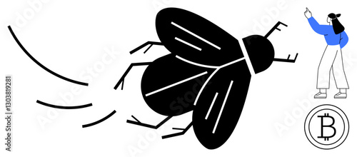 Giant black fly in motion with buzzing lines, human figure gesturing and Bitcoin circle. Ideal for currency, technology, nature, blockchain, trends, innovation, digital shift flat simple metaphor