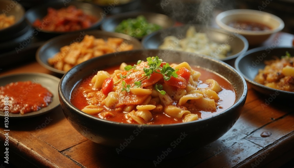 Delicious and Steaming Pasta Soup with Vegetables and Herbs in Bowl Delicious and Steaming Pasta Soup with Vegetables and Herbs in Bowl