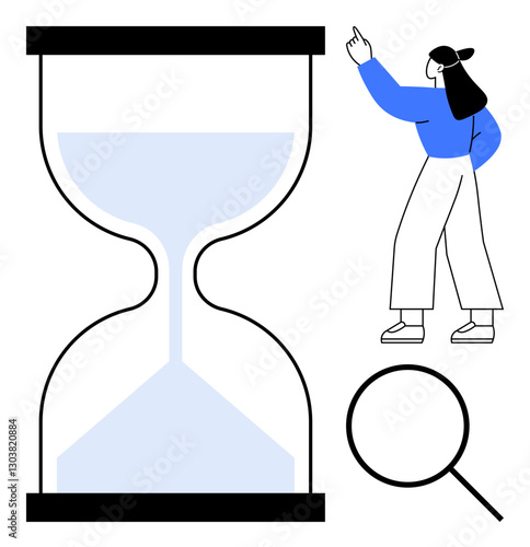 Large hourglass with sand, person pointing upward, and magnifying glass. Ideal for time management, productivity, analysis, deadlines, focus research planning. Flat simple metaphor