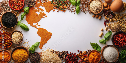 Fototapeta Naklejka Na Ścianę i Meble -  world map outlined in orange spices, surrounded by various ingredients, nuts, and bowls of grains and herbs for content on global cuisine, international food, healthy eating, or cultural recipes
