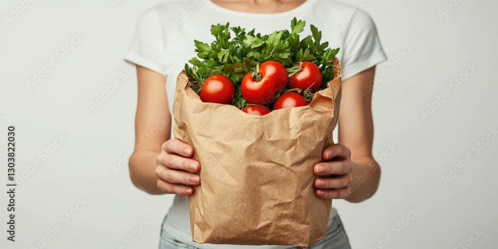person holding a brown paper bag filled with fresh tomatoes and green herbs for topics related to groceries, healthy eating, sustainable living, or food shopping person holding a brown paper bag filled with fresh tomatoes and green herbs for topics related to groceries, healthy eating, sustainable living, or food shopping