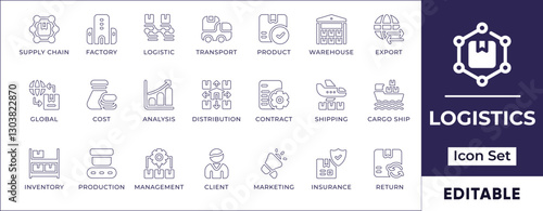 Flat line icon set representing supply chain, logistics, delivery, value chain, commerce, distribution, inventory, warehousing, shipping, and manufacturing processes.
