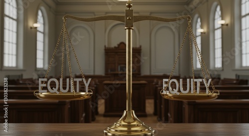 Scales of Justice Displaying 'Equity' in a Courtroom Setting Representing Fairness