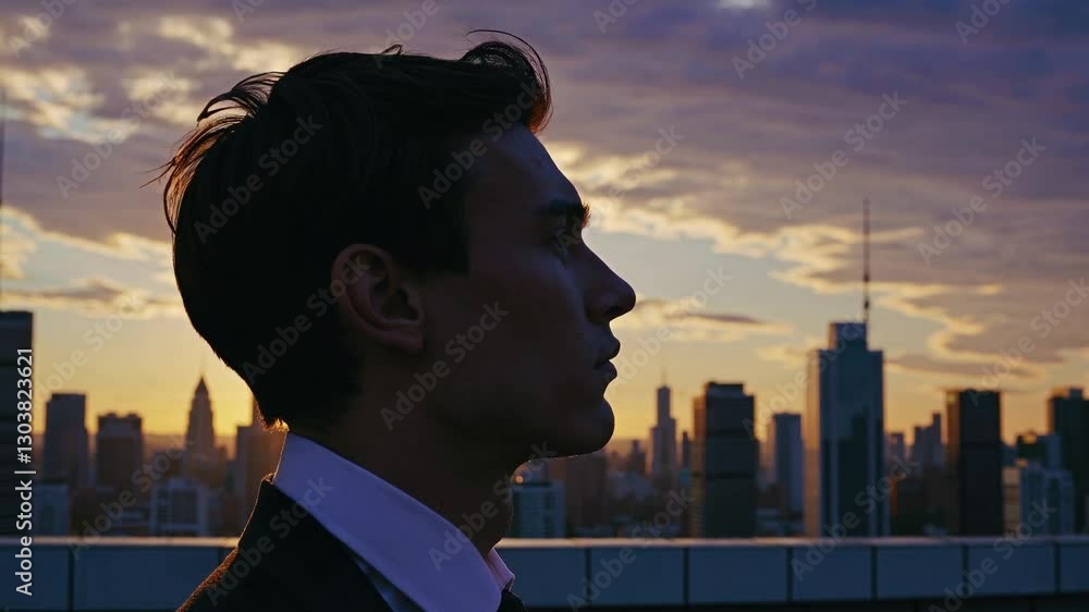 Visionary on a Rooftop with City Skyline at Sunset Exuding Ambition and Creativity Visionary on a Rooftop with City Skyline at Sunset Exuding Ambition and Creativity