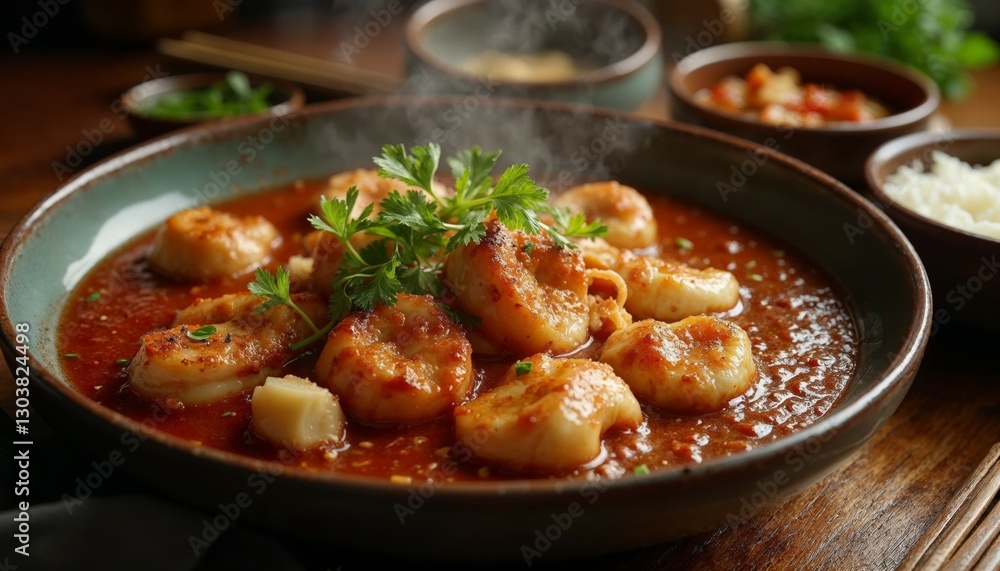 Delicious Shrimp Curry Bowl with Rice and Fresh Herbs Displayed Nicely Delicious Shrimp Curry Bowl with Rice and Fresh Herbs Displayed Nicely