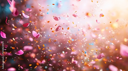 Celebratory confetti and petals in the air. Possible use Stock photo for party, celebration, or event design photo