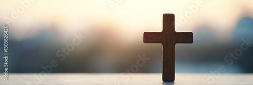 Easter Holiday, Easter Concept, Wooden Cross Symbol Christian Faith Religious Belief Hope Spirituality Sunrise Background