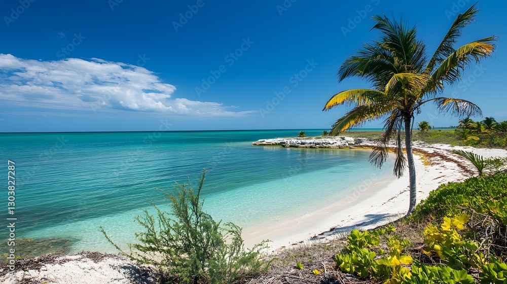 A tropical island vista with crystalline waters, white sandy beaches, and lush palm trees A tropical island vista with crystalline waters, white sandy beaches, and lush palm trees