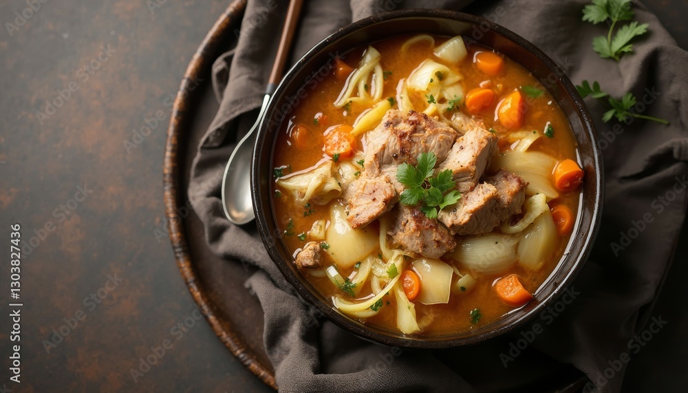 Hearty Pork and Vegetable Soup Served in a Dark Bowl on Rustic Tray Hearty Pork and Vegetable Soup Served in a Dark Bowl on Rustic Tray