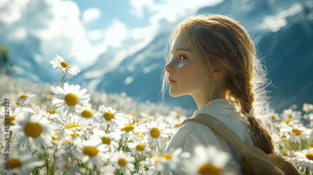 Girl in daisy field, mountains background, summer day, travel Girl in daisy field, mountains background, summer day, travel