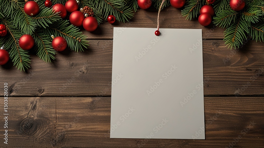 Obraz premium Greeting card christmas mockup with fir tree branches on dark wooden background
